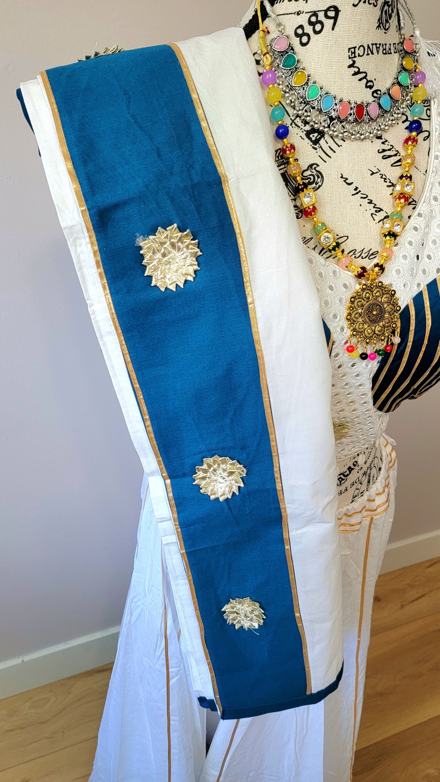 White Chaniyacholi with Blue Line Dupatta