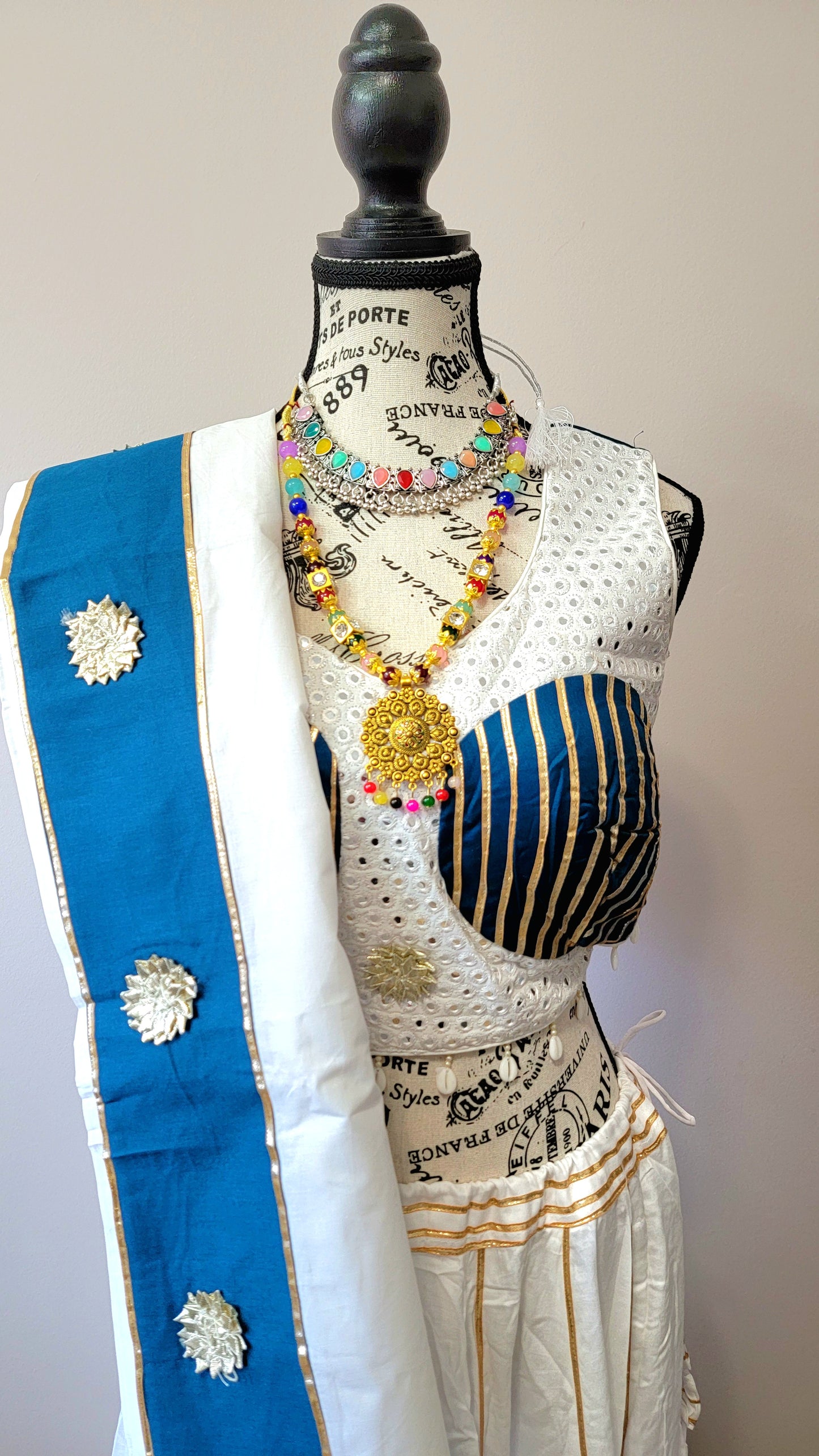 White Chaniyacholi with Blue Line Dupatta