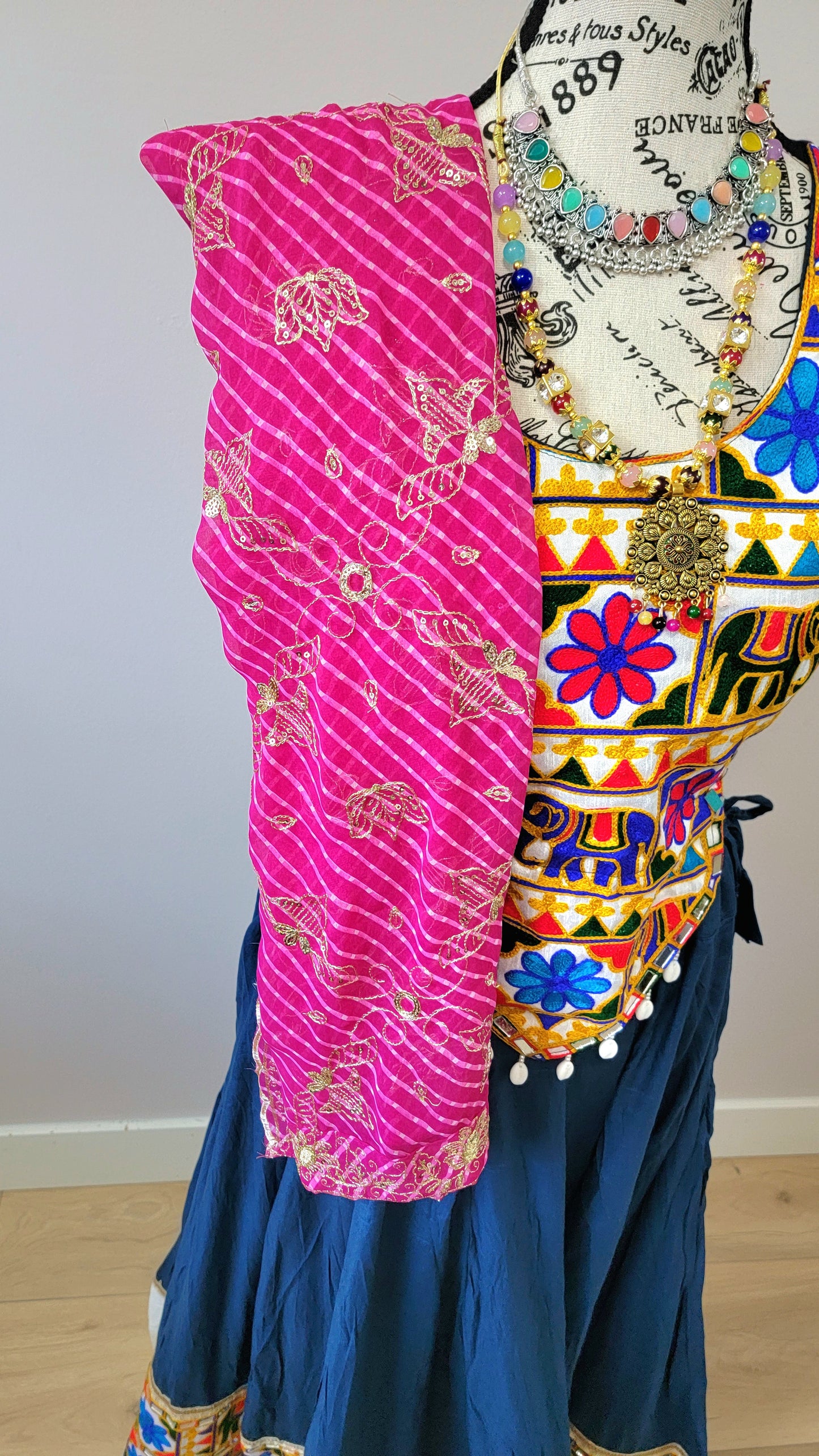 Blue Chaniyacholi with Pink Dupatta and Sleevless Blouse