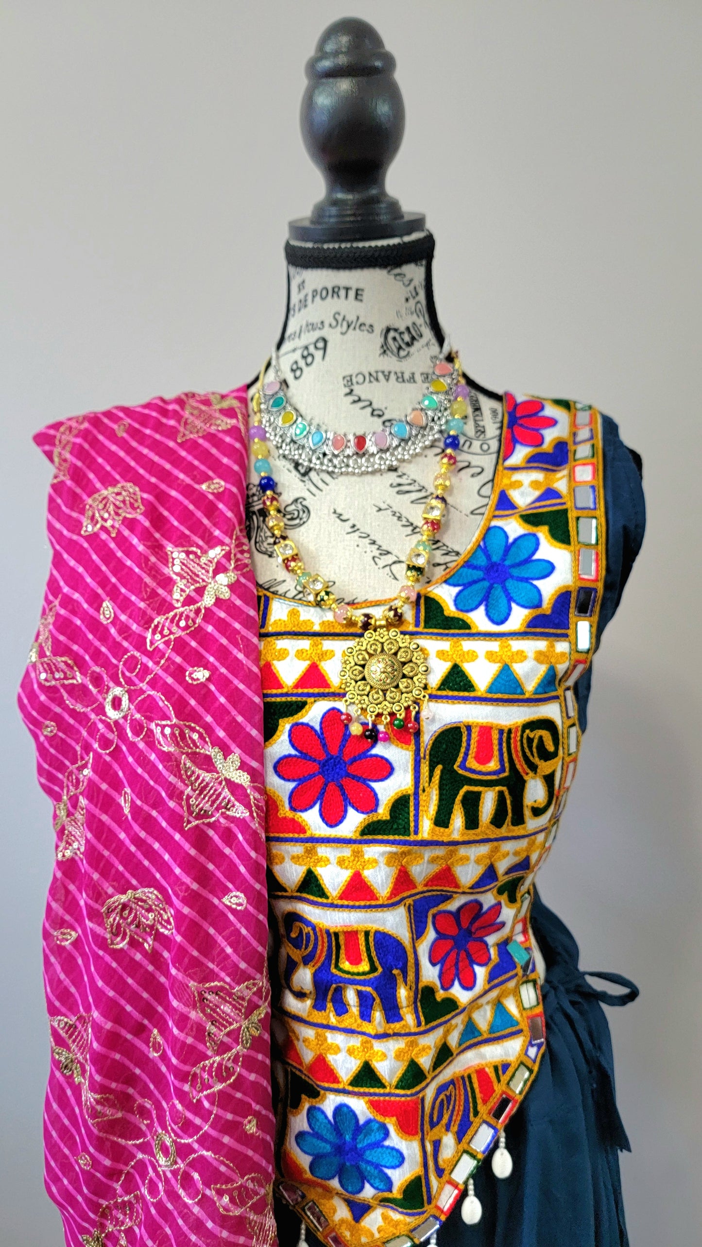 Blue Chaniyacholi with Pink Dupatta and Sleevless Blouse