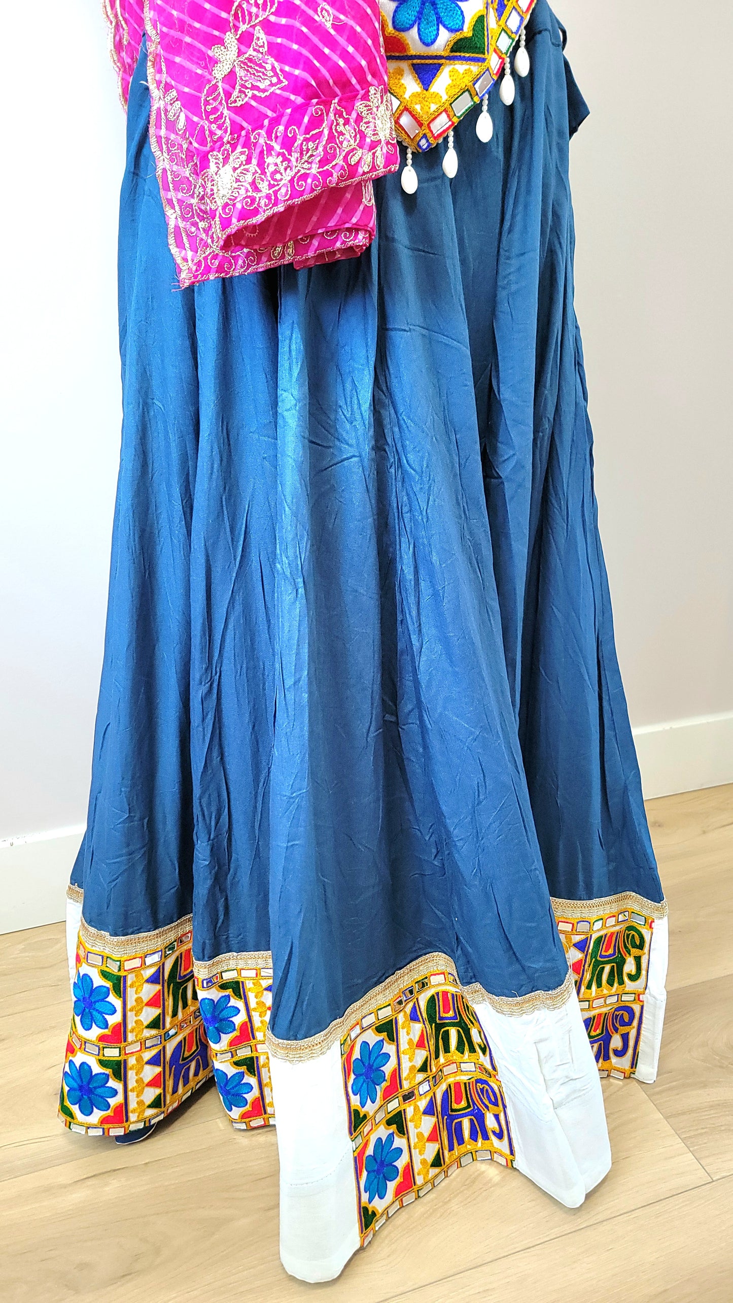 Blue Chaniyacholi with Pink Dupatta and Sleevless Blouse
