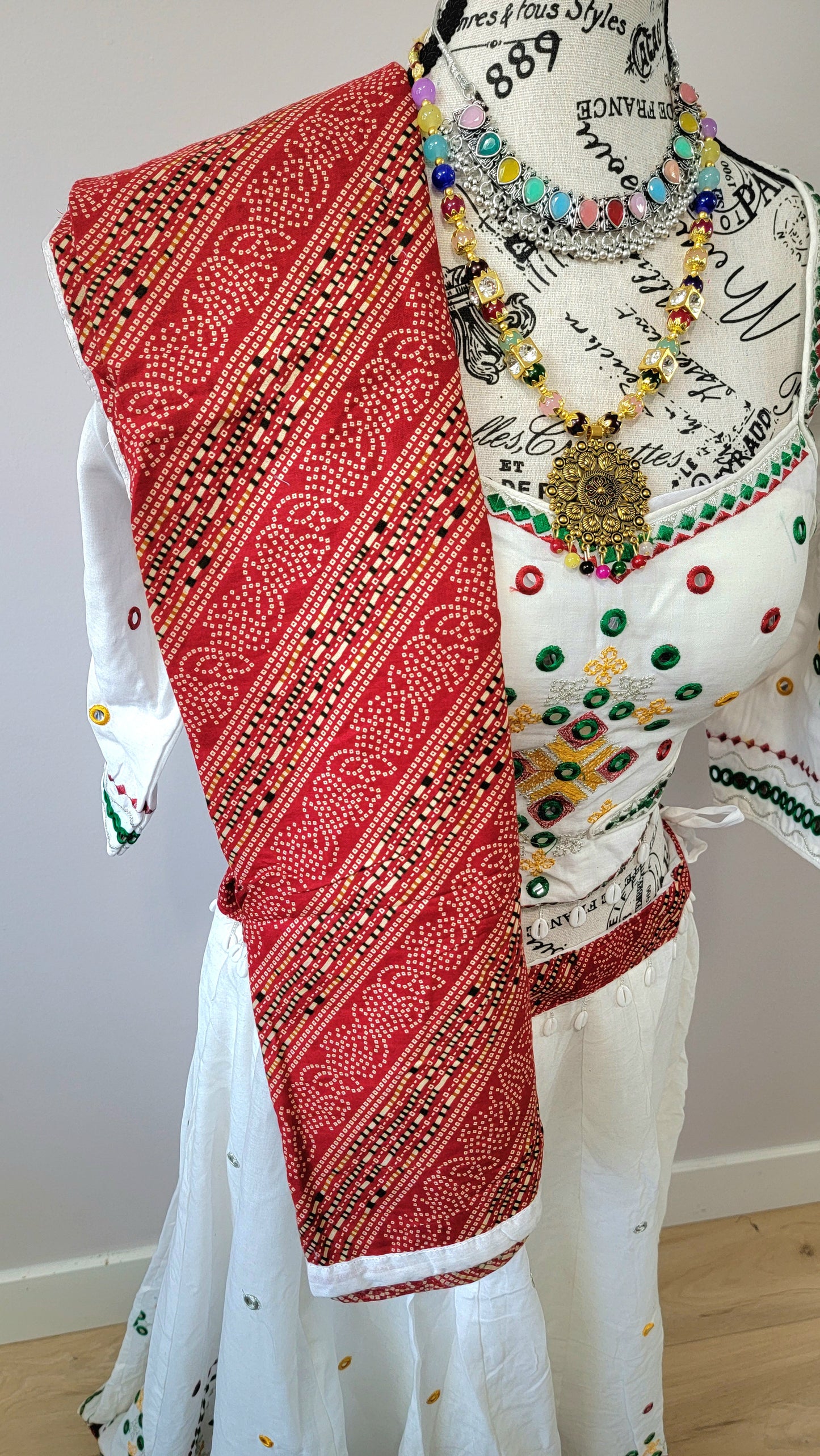 White Chaniyacholi with Red Dupatta
