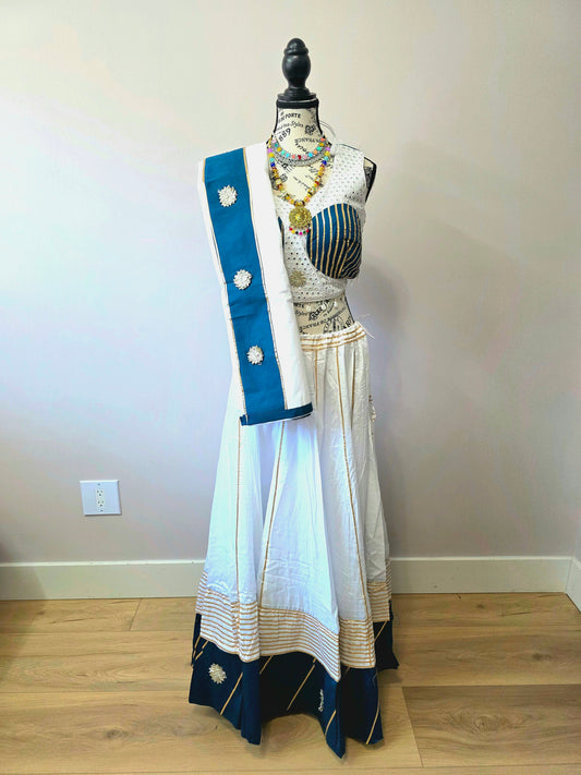 White Chaniyacholi with Blue Line Dupatta