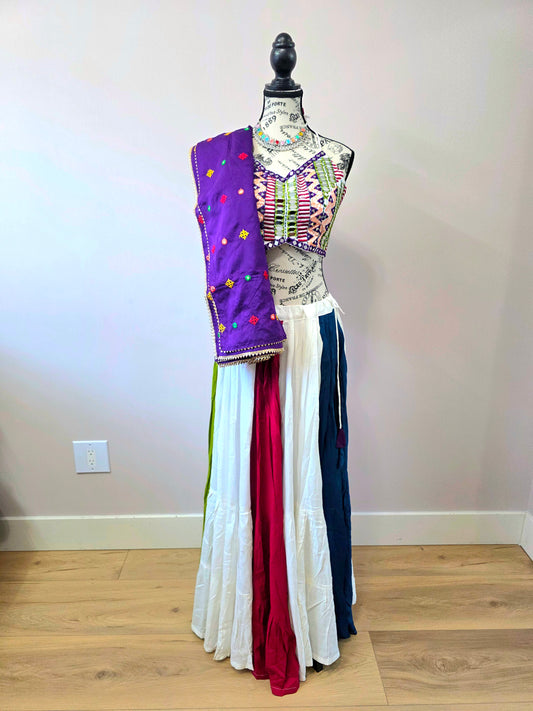 Mutlicolor Chaniyacholi with Purple Dupatta and Sleevless Blouse