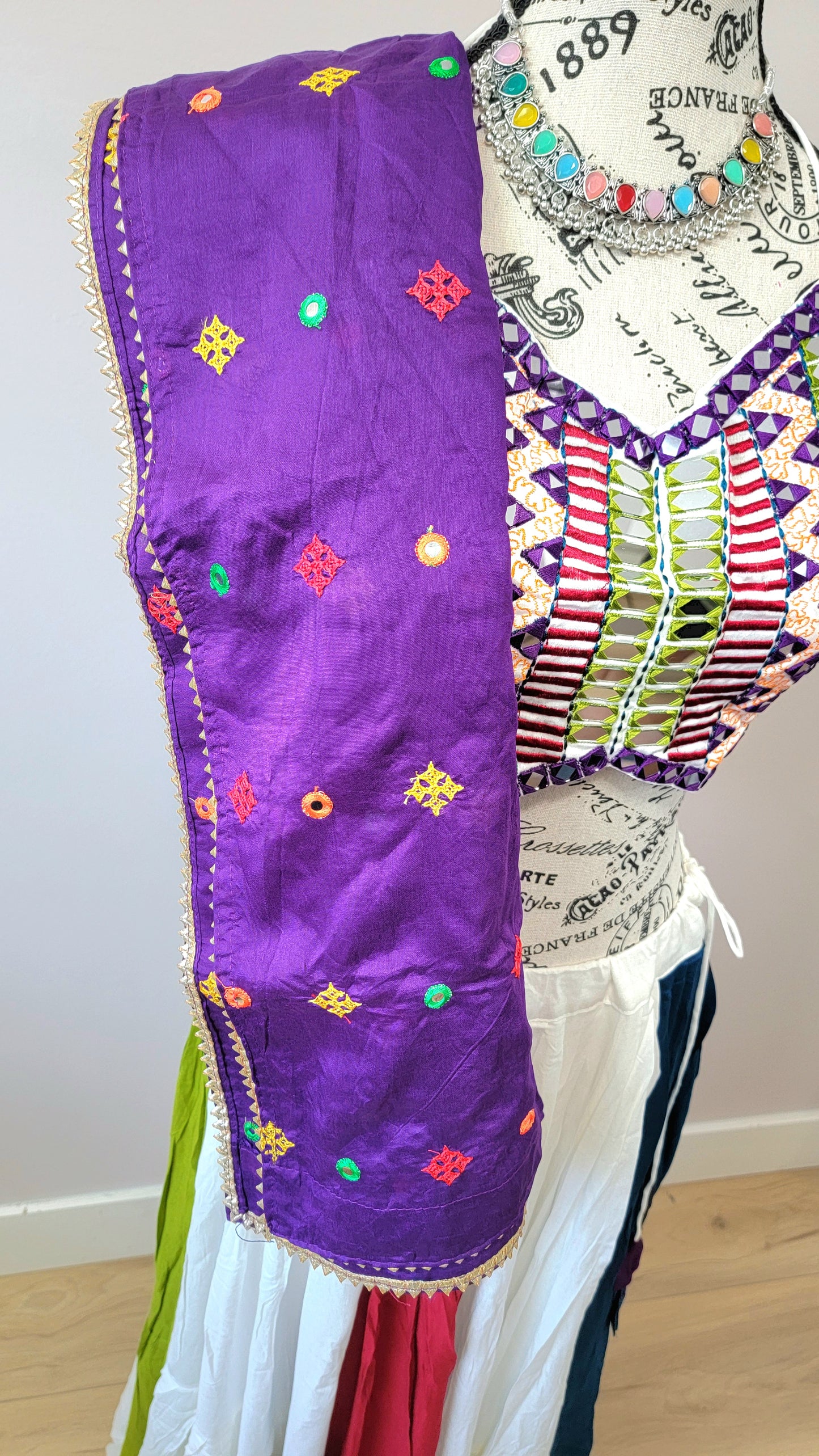 Mutlicolor Chaniyacholi with Purple Dupatta and Sleevless Blouse