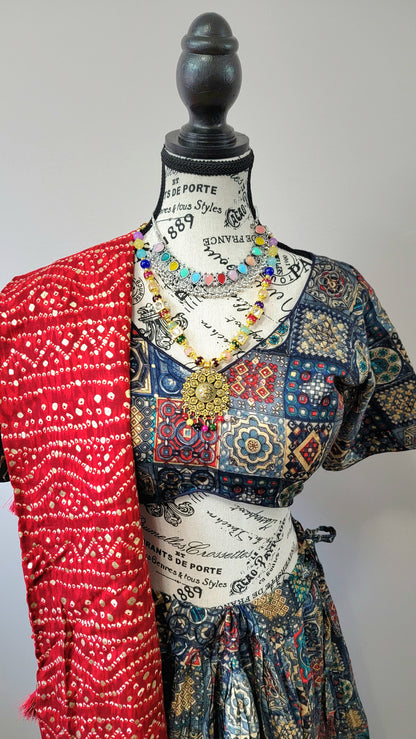 Navy Blue Chaniyacholi with Red Dupatta