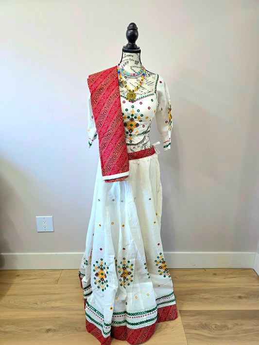 White Chaniyacholi with Red Dupatta