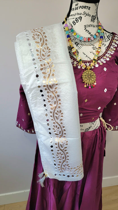 Purple Chaniyacholi with White Dupatta