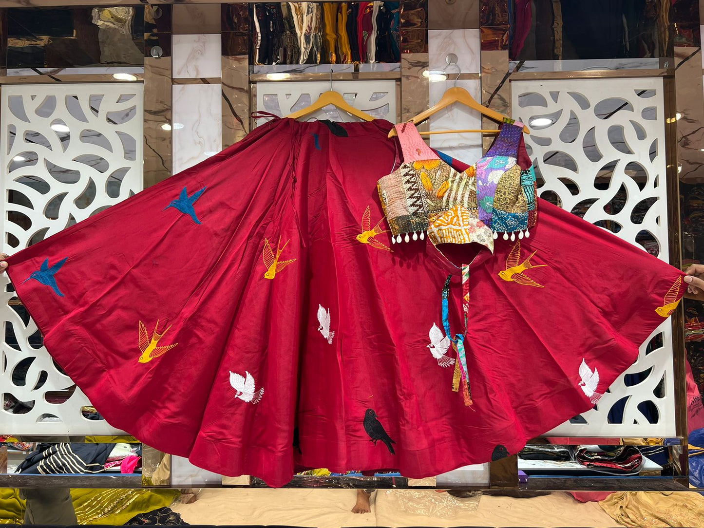 Red Lehenga with Multicolor Blouse